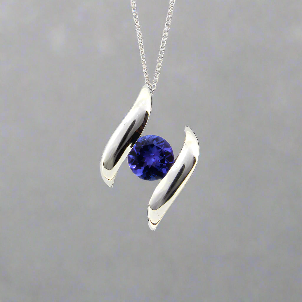 Channel set pendant -  9ct White Gold with 1 x 5mm Round Tanzanite &amp; Chain 45cm