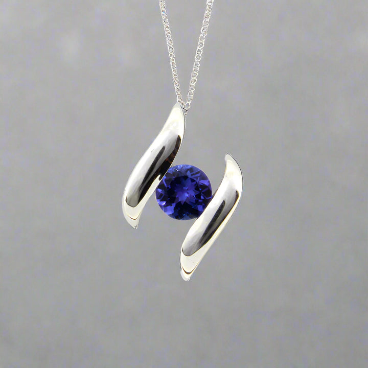 Channel set pendant -  9ct White Gold with 1 x 5mm Round Tanzanite &amp; Chain 45cm