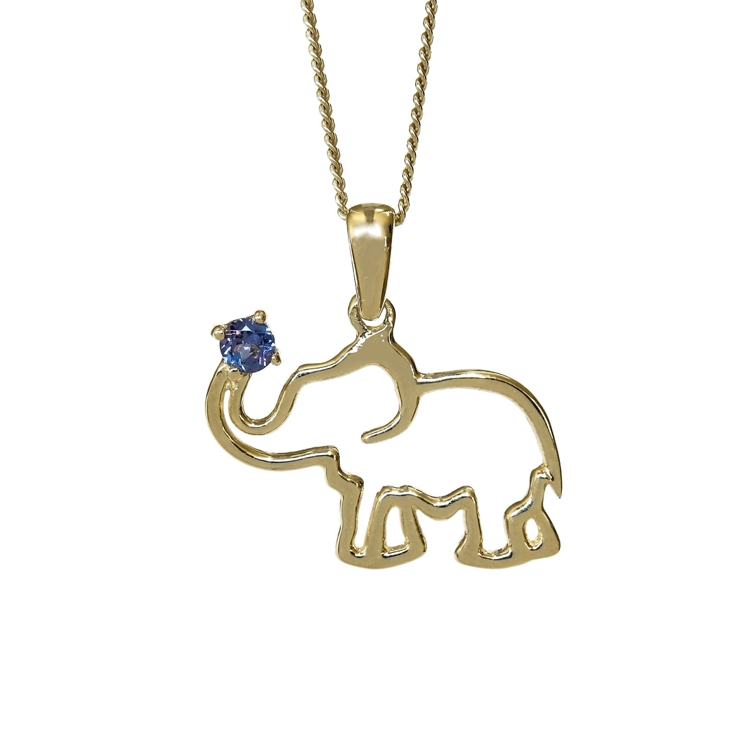 Africa Elephant Yellow Gold and Tanzanite on Trunk Set with Tanzanite &amp; Chain 45cm