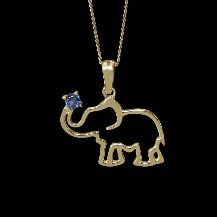 Africa Elephant Yellow Gold and Tanzanite on Trunk Set with Tanzanite &amp; Chain 45cm