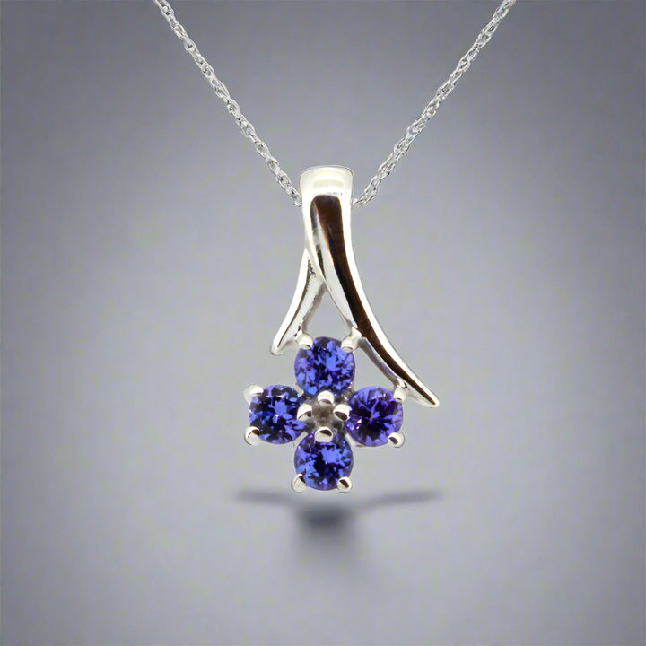 Flower Round Pendant -  9ct White Gold with 4 x 3mm Rounds Tanzanite &amp; Chain 45cm