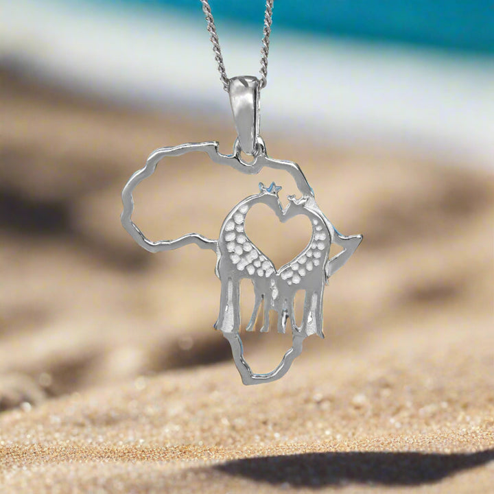 Africa Map For the Love of Giraffes White Gold Pendant &amp; Chain 45cm