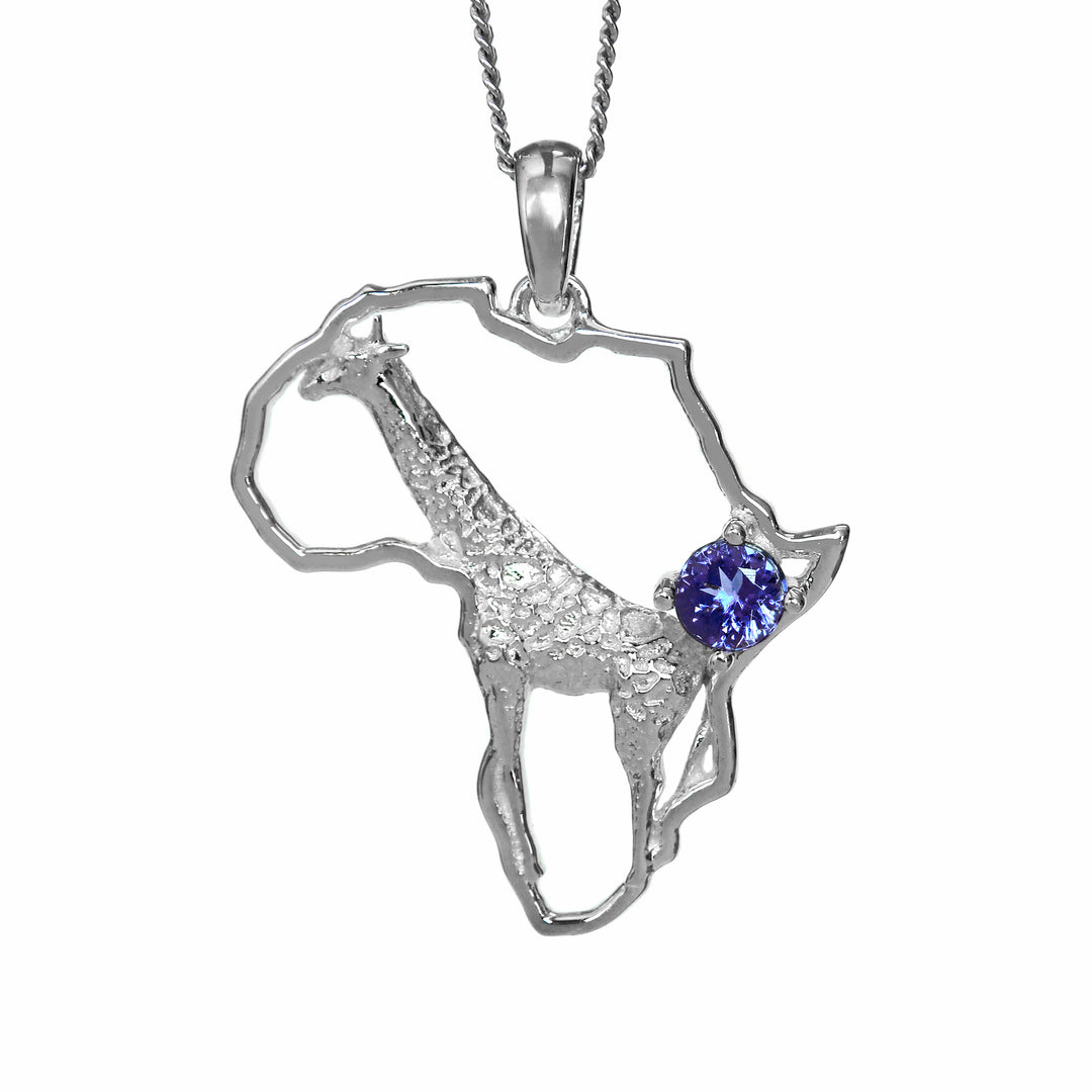 Africa Map Giraffe White Gold Pendant Set with Tanzanite &amp; Chain 45cm