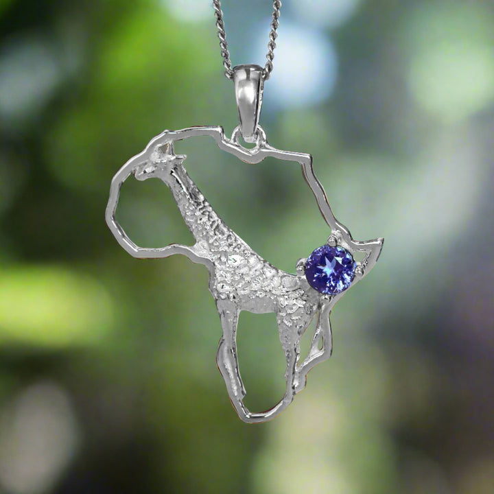 Africa Map Giraffe White Gold Pendant Set with Tanzanite &amp; Chain 45cm