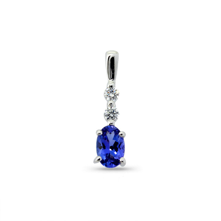 Oval Drop Tanzanite Pendant with Diamonds - 9ct White Gold with 1 x 6x4mm Oval Tanzanite and 2 x Dia &amp; Chain 45cm