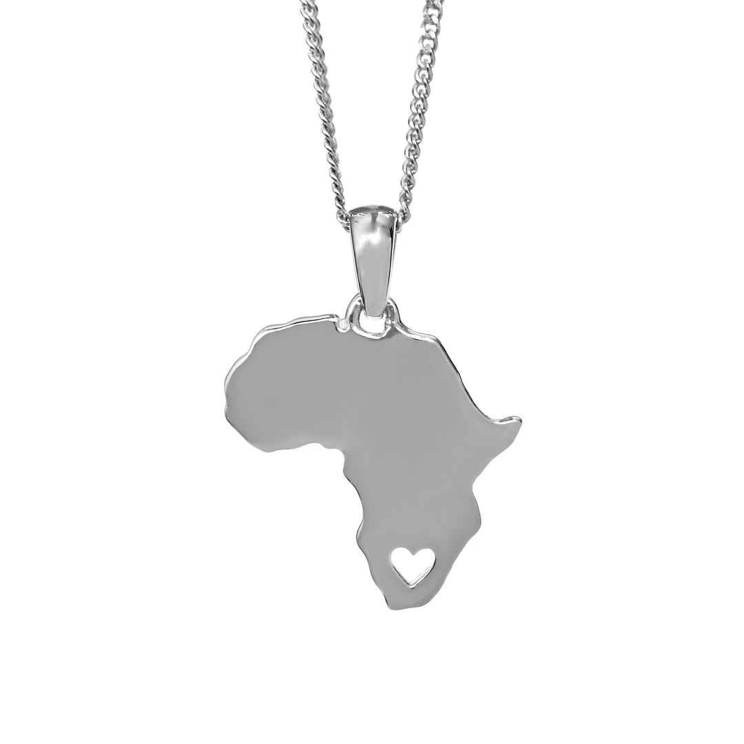 Solid White Gold Africa Map Pendant with Stencil Heart Detail &amp; Chain 45cm