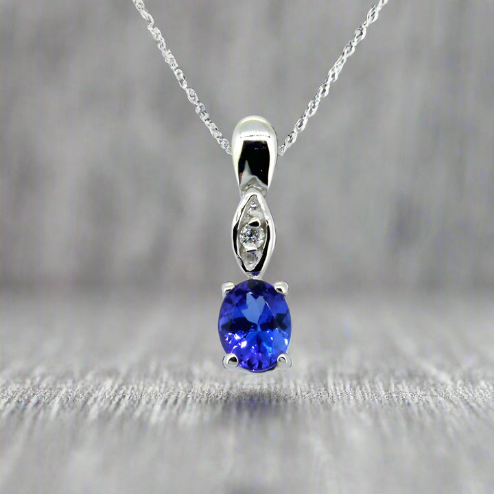 Oval Tanzanite Pendant with Diamonds - 9ct White Gold with 1 x 5x4mm Oval Tanzanite and 1 x Dia &amp; Chain 45cm