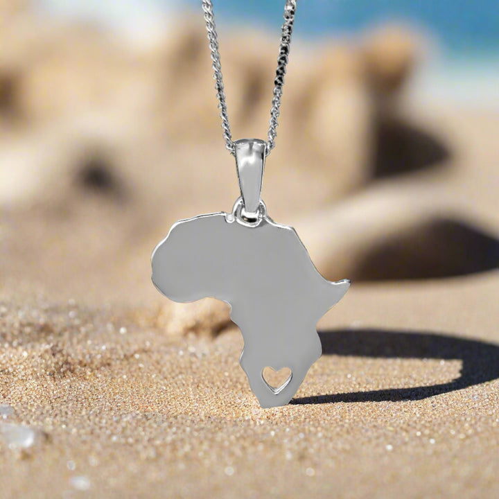 Solid White Gold Africa Map Pendant with Stencil Heart Detail &amp; Chain 45cm