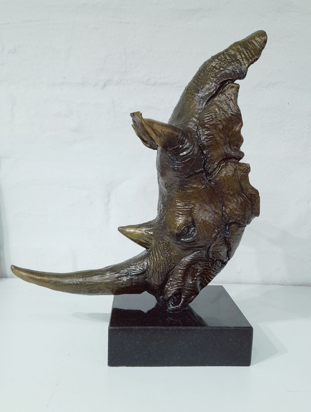 White Rhino Head on Marble Base Bronze Sculpture