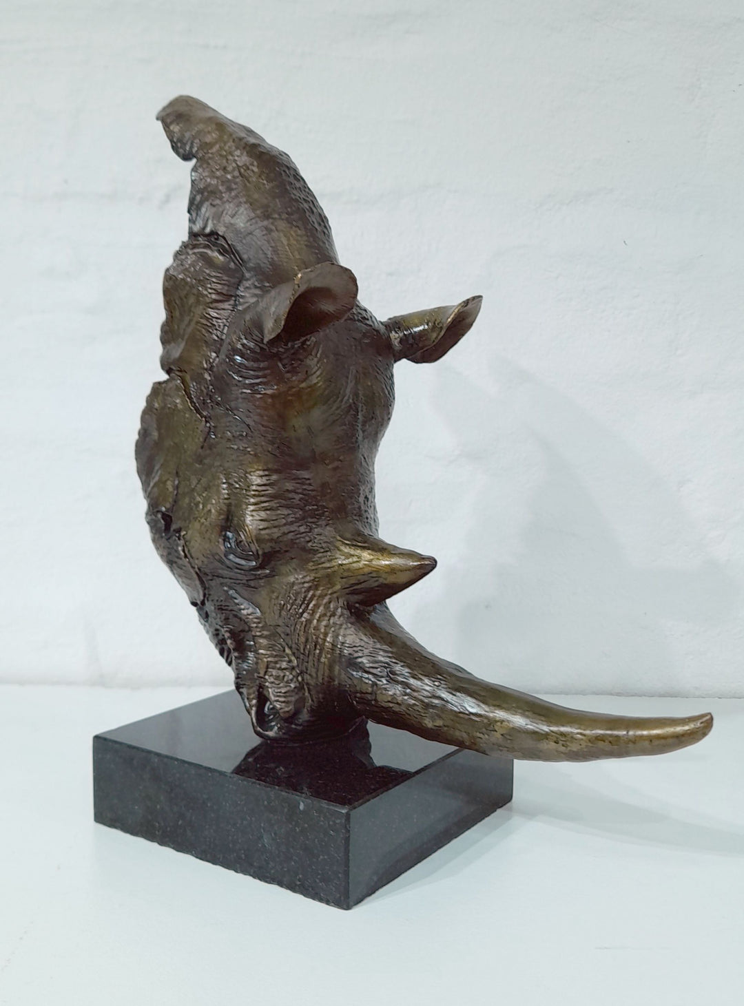 White Rhino Head on Marble Base Bronze Sculpture