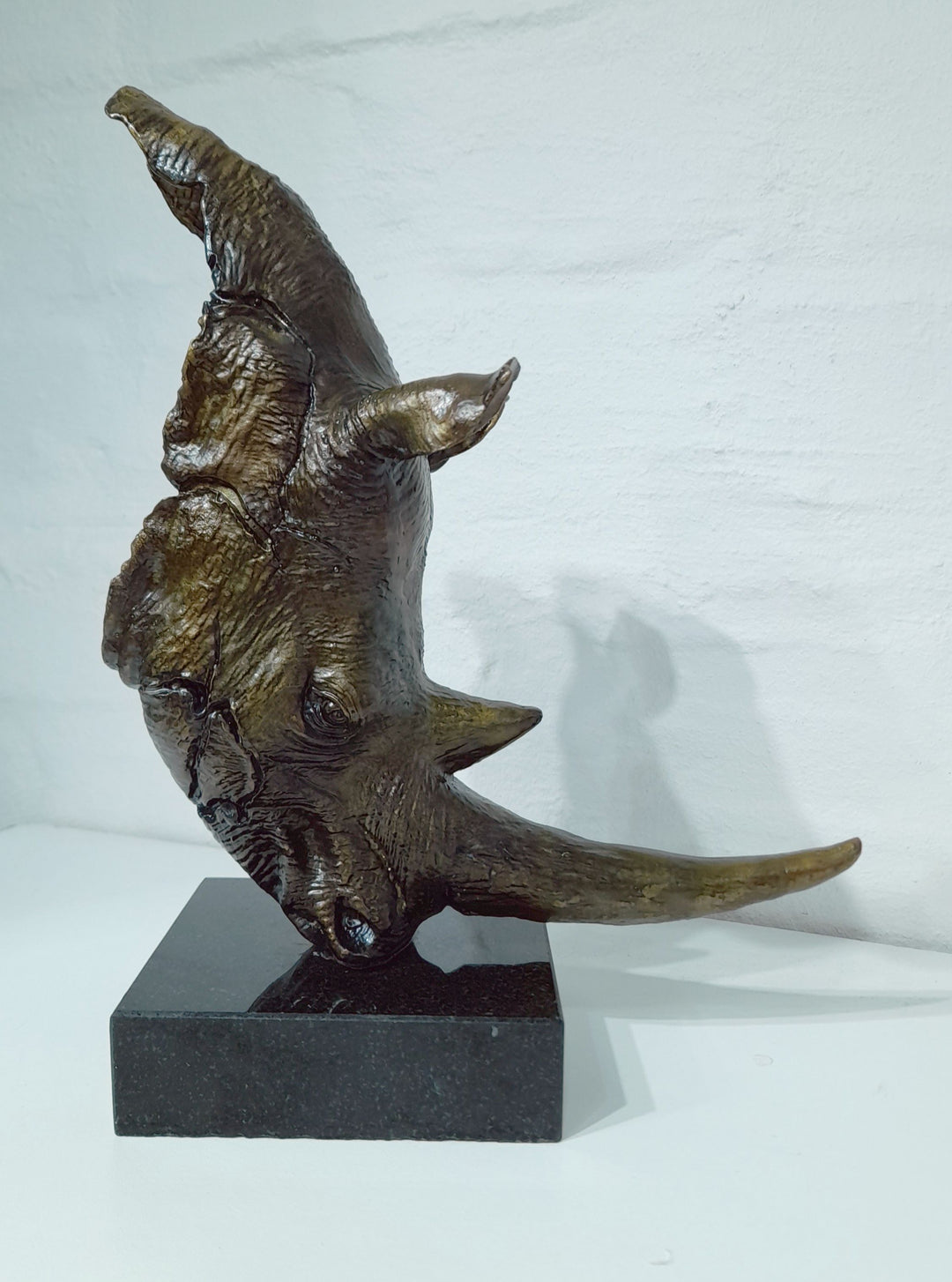 White Rhino Head on Marble Base Bronze Sculpture