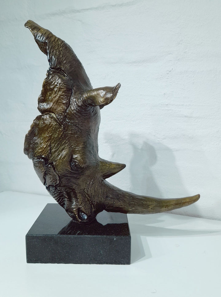 White Rhino Head on Marble Base Bronze Sculpture