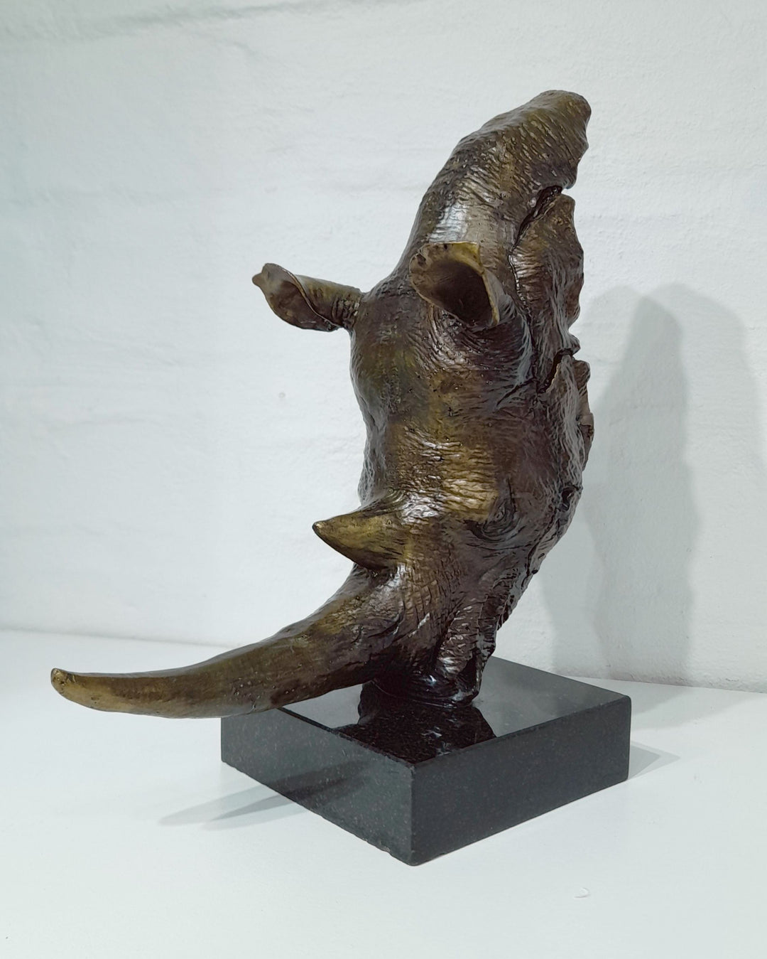 White Rhino Head on Marble Base Bronze Sculpture