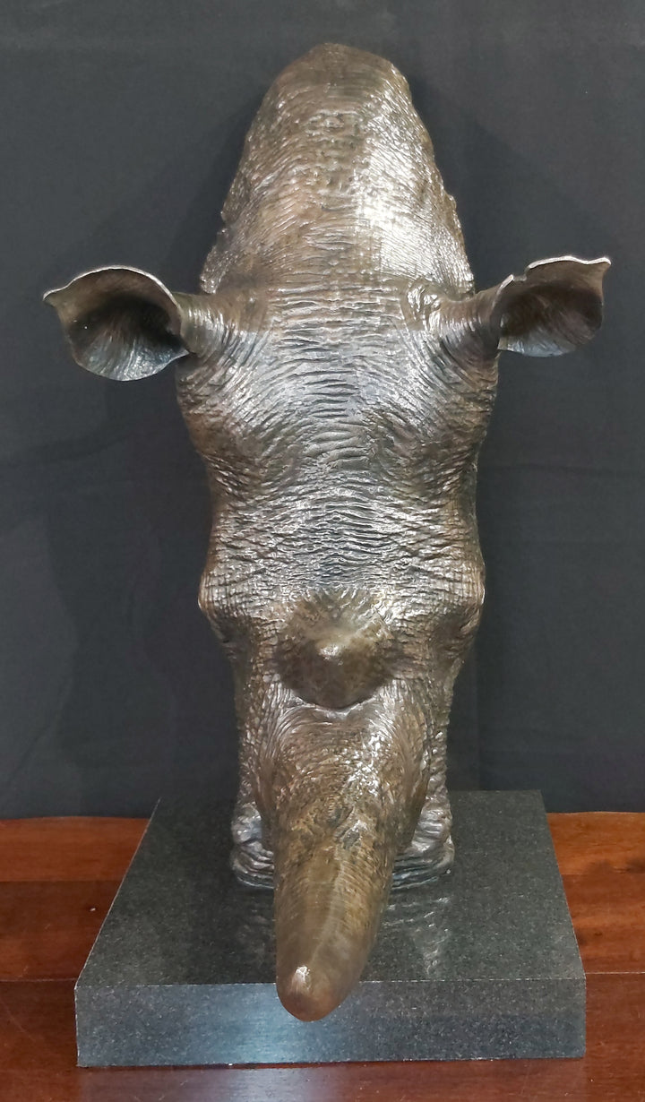 White Rhino Head on Marble Base Bronze Sculpture 3/4 Life-Size