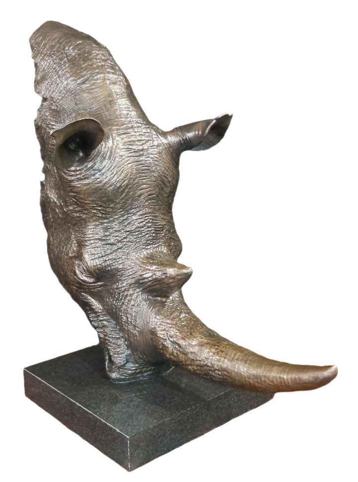White Rhino Head on Marble Base Bronze Sculpture 3/4 Life-Size