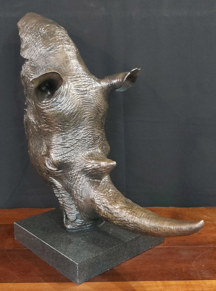 White Rhino Head on Marble Base Bronze Sculpture 3/4 Life-Size