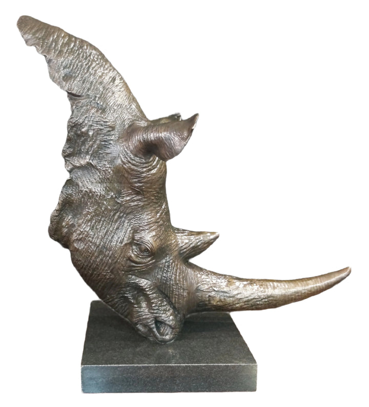 White Rhino Head on Marble Base Bronze Sculpture 3/4 Life-Size