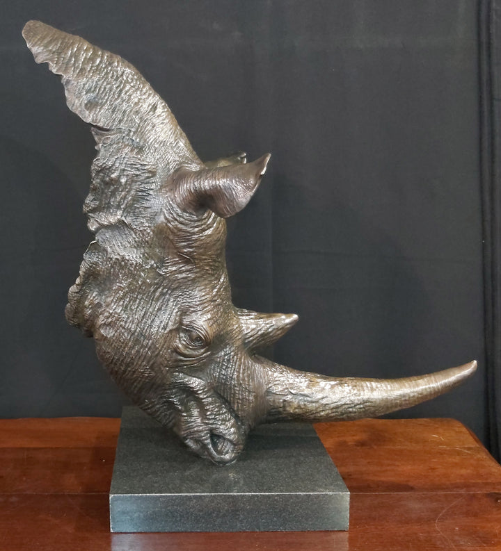 White Rhino Head on Marble Base Bronze Sculpture 3/4 Life-Size