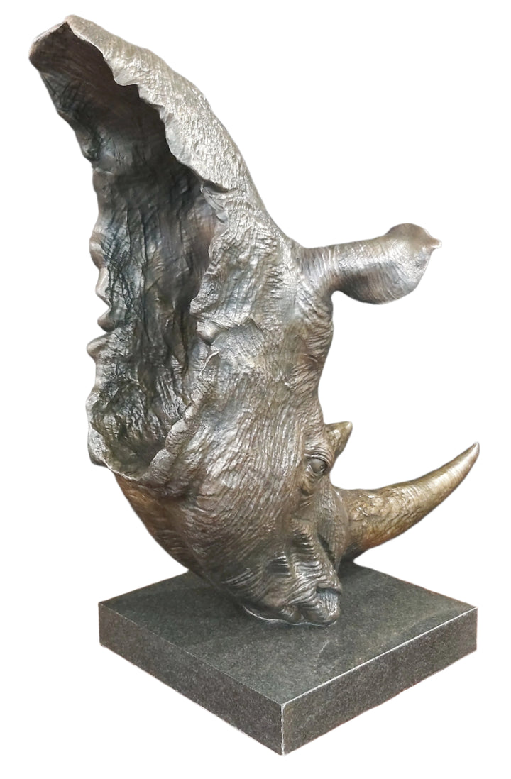 White Rhino Head on Marble Base Bronze Sculpture 3/4 Life-Size