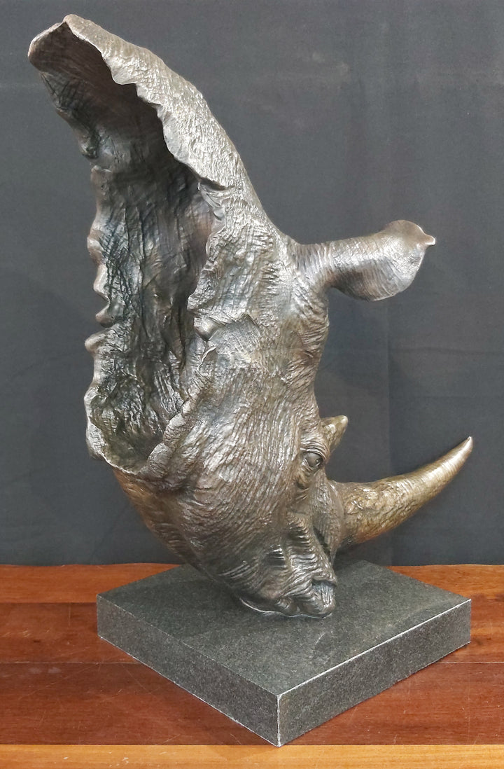 White Rhino Head on Marble Base Bronze Sculpture 3/4 Life-Size