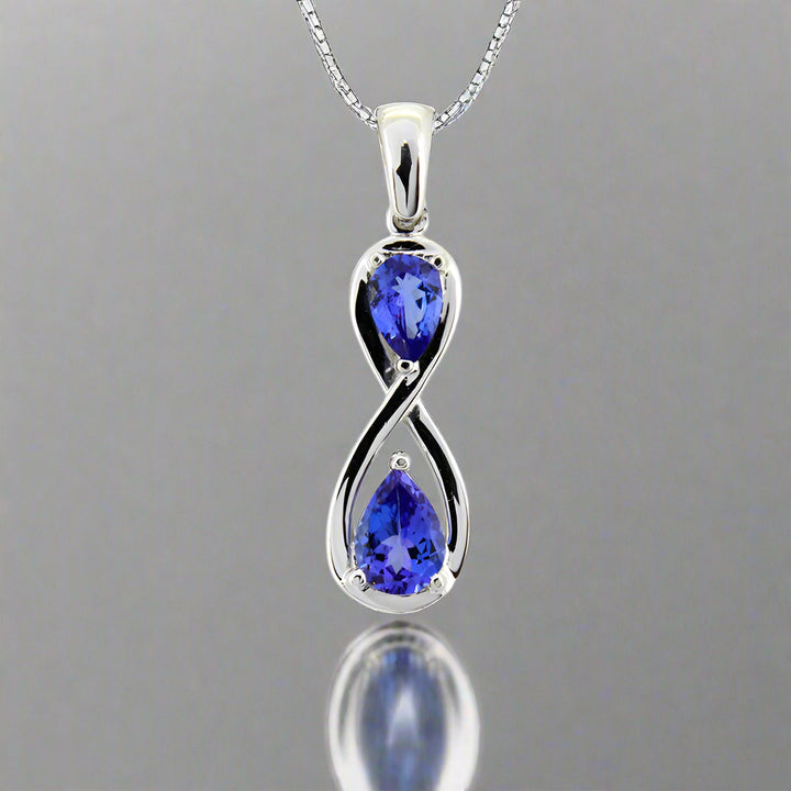 Pear Infinity Pendant - 9ct White Gold with 1 x 6x4mm / 1 x 7x5mm Pear Tanzanite &amp; Chain 45cm
