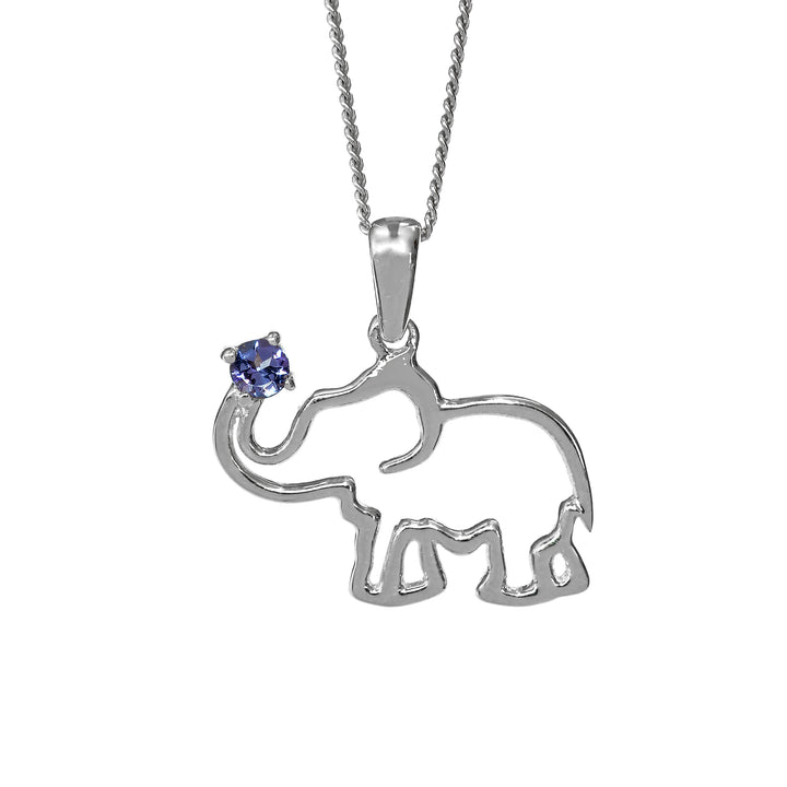 Africa Elephant White Gold and Tanzanite on Trunk Set with Tanzanite &amp; Chain 45cm