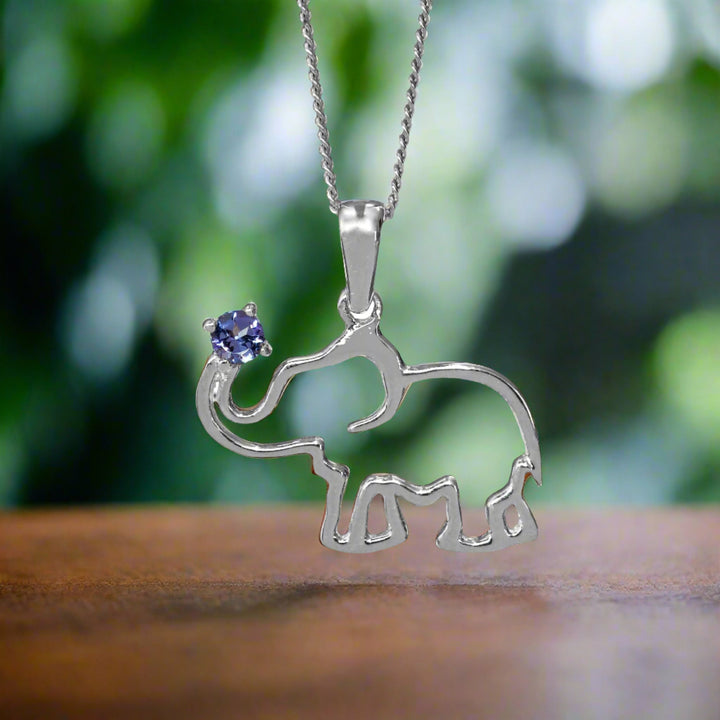 Africa Elephant White Gold and Tanzanite on Trunk Set with Tanzanite &amp; Chain 45cm