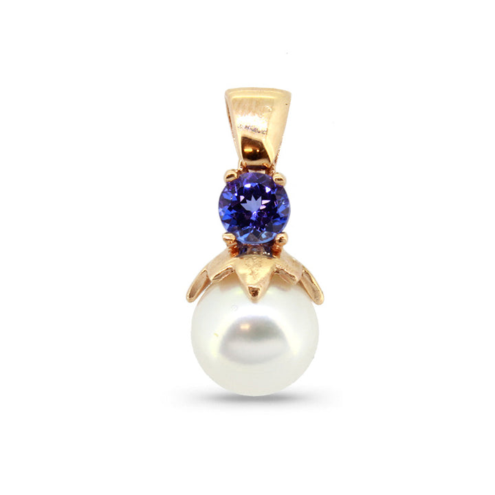 Pearl and Tanzanite Pendant - 9ct Yellow Gold with 1 x5mm Round Tanzanite and 1 x 9mm Round Pearl &amp; Chain 45cm