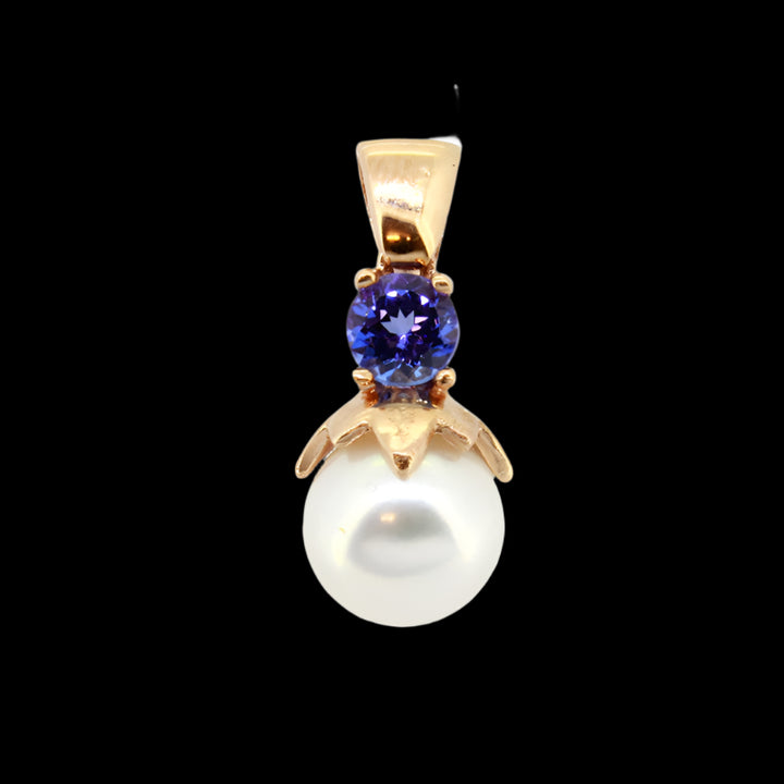 Pearl and Tanzanite Pendant - 9ct Yellow Gold with 1 x5mm Round Tanzanite and 1 x 9mm Round Pearl &amp; Chain 45cm