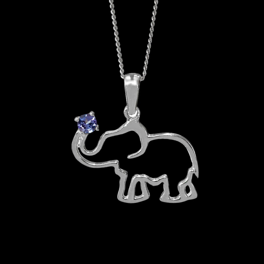 Africa Elephant Silver Pendant and Tanzanite on Trunk Set with Tanzanite &amp; Chain 45cm