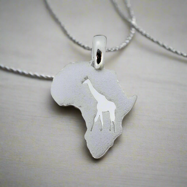 Africa Map with Giraffe Cut-out Silver Pendant &amp; Chain 45cm