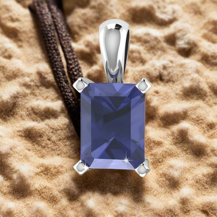 Octagonal Solitaire Tanzanite Pendant - 9ct White Gold with 1 x 8x6mm Octagonal Tanzanite &amp; Chain 45cm