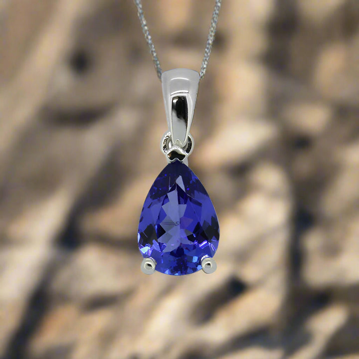 Pear Claw Tanzanite Pendant - 9ct White Gold with 1 x 10x7mm Pear Tanzanite &amp; Chain 45cm