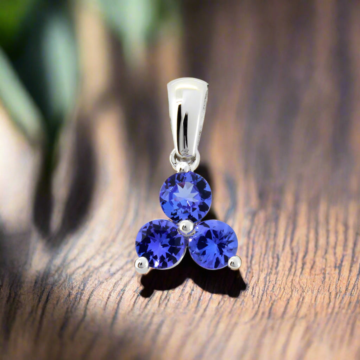 Round Cluster Tanzanite Pendant - 9ct White Gold with 3 x 4mm Round Tanzanite &amp; Chain 45cm