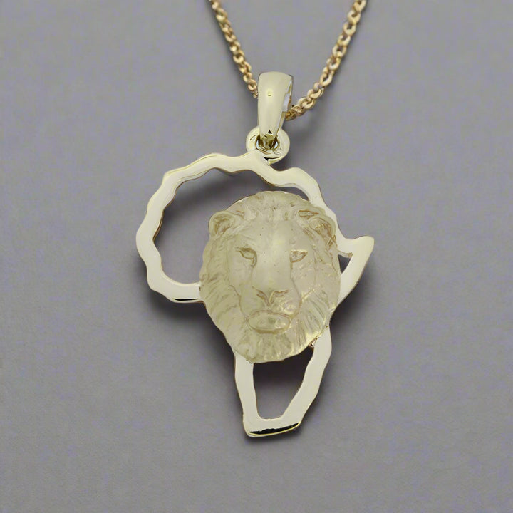 Africa Map with Lion Head Yellow Gold Pendant &amp; Chain 45cm