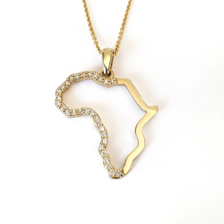 Africa Map Pendant with Diamonds Yellow Gold &amp; Chain 45cm
