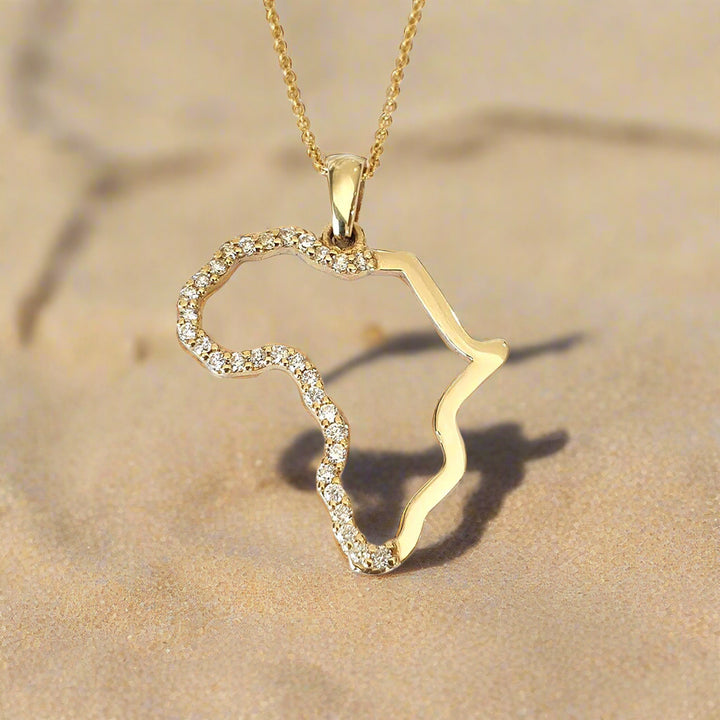 Africa Map Pendant with Diamonds Yellow Gold &amp; Chain 45cm