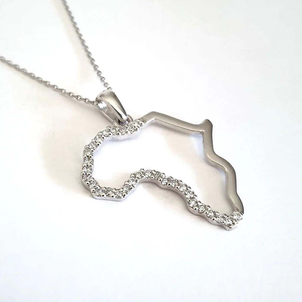 Africa Map Pendant with Diamonds White Gold &amp; Chain 45cm