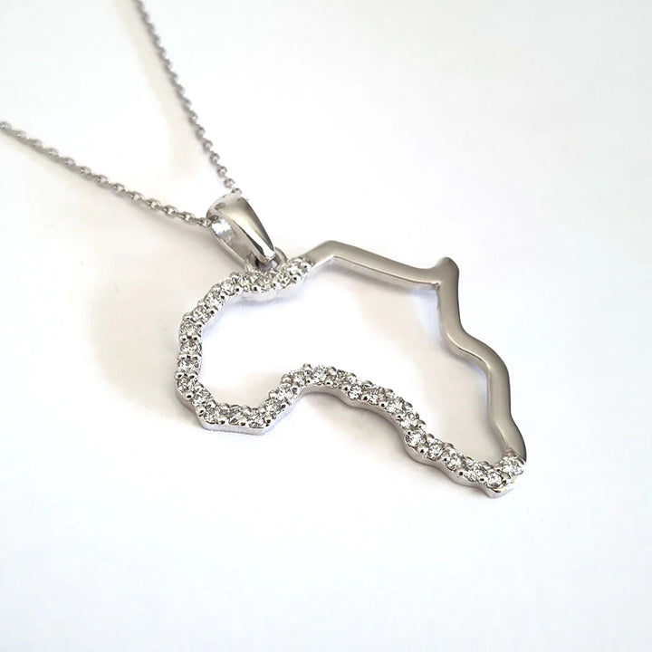 Africa Map Pendant with Diamonds White Gold &amp; Chain 45cm