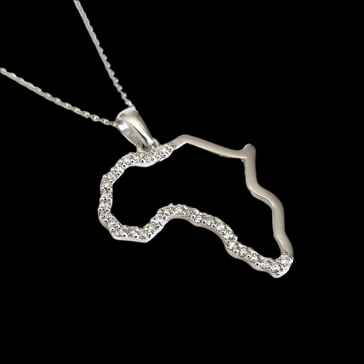 Africa Map Pendant with Diamonds White Gold &amp; Chain 45cm