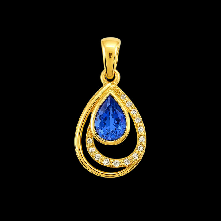 Assymetrical Pear-shaped Tanzanite &amp; Dia Pendant -  9ct Yellow Gold with 1 x 7x5mm Pear Tanzanite and 17 x 0.005ct Diamonds GH/SI &amp; Chain 45cm