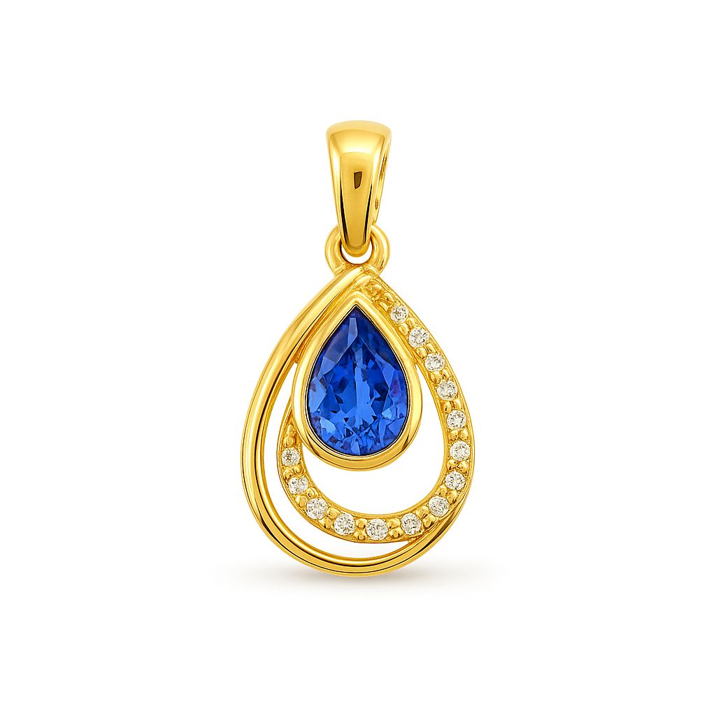 Assymetrical Pear-shaped Tanzanite &amp; Dia Pendant -  9ct Yellow Gold with 1 x 7x5mm Pear Tanzanite and 17 x 0.005ct Diamonds GH/SI &amp; Chain 45cm