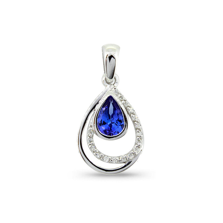 Assymetrical Pear-shaped Tanzanite &amp; Dia Pendant - 9ct White Gold with 1 x 7x5mm Pear Tanzanite and 17 x 0.005ct Diamonds GH/SI &amp; Chain 45cm
