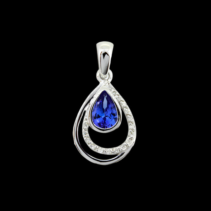 Assymetrical Pear-shaped Tanzanite &amp; Dia Pendant - 9ct White Gold with 1 x 7x5mm Pear Tanzanite and 17 x 0.005ct Diamonds GH/SI &amp; Chain 45cm