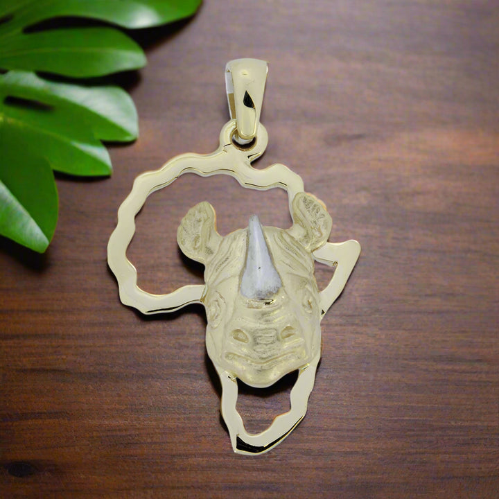 Africa Map with Rhino Head Yellow Gold Pendant &amp; Chain 45cm