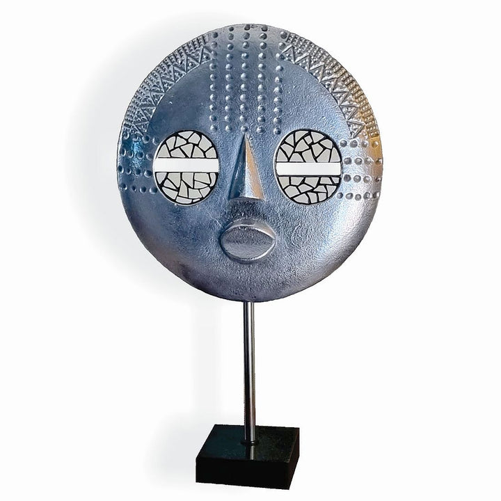 Baluba Mask On Marble Stand – Medium Size - Aluminium