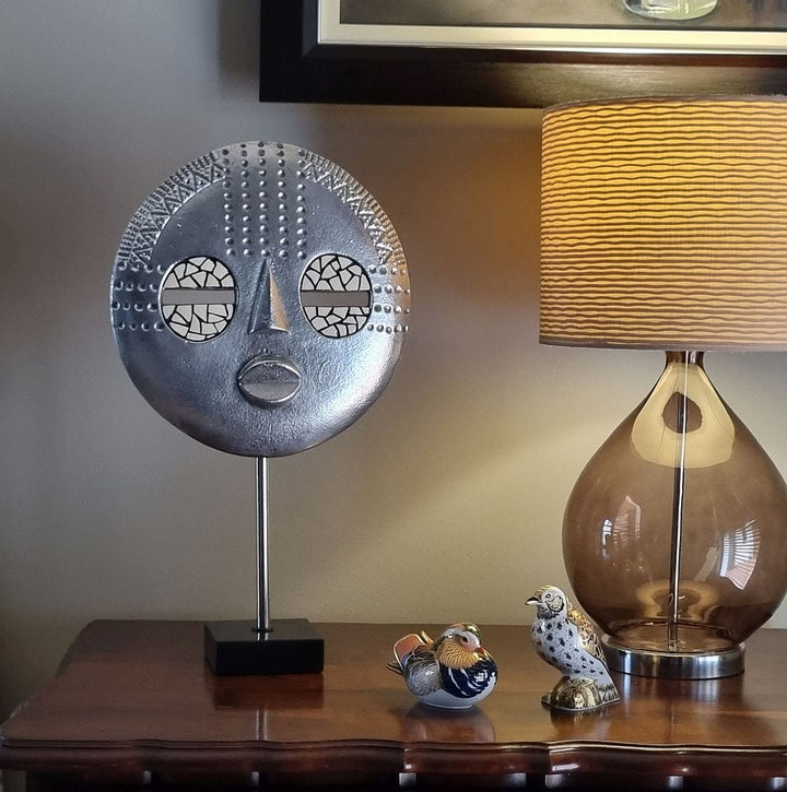 Baluba Mask On Marble Stand – Medium Size - Aluminium