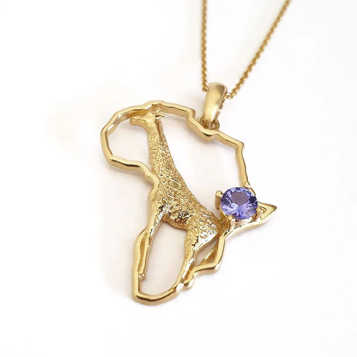 Africa Map Giraffe Yellow Gold Pendant Set with Tanzanite &amp; Chain 45cm