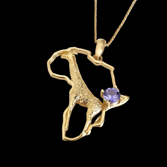 Africa Map Giraffe Yellow Gold Pendant Set with Tanzanite &amp; Chain 45cm