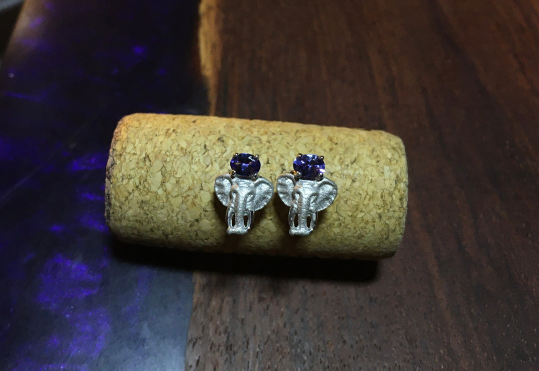 Africa Elephant Head and Tanzanite Earrings Silver